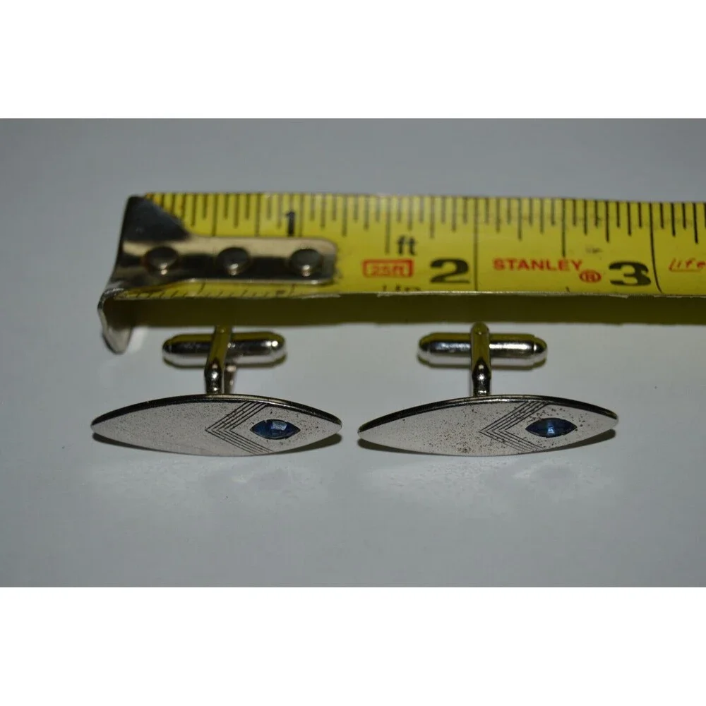 Vintage Large Oval Chrome Silver & Blue Stone Mid Century Modern Cuff Links RARE